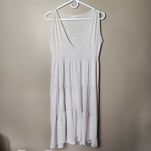See You Monday Beige/Ivory Sleeveless Textured V-Neck Tiered Midi Dress-Size M